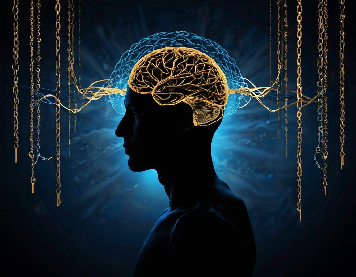 A dramatic, thought-provoking scene depicting a silhouette of a person in a reflective pose, standing in front of a large, abstract representation of brain waves and chains symbolizing behavior control. The background is infused with sharp contrasts representing both suffering and enlightenment, with shades of dark blue and bright gold illuminating the center. Surrounding elements include faded historical illustrations of flogging and behavioral consequences. surreal, poignant atmosphere. vibrant colors.