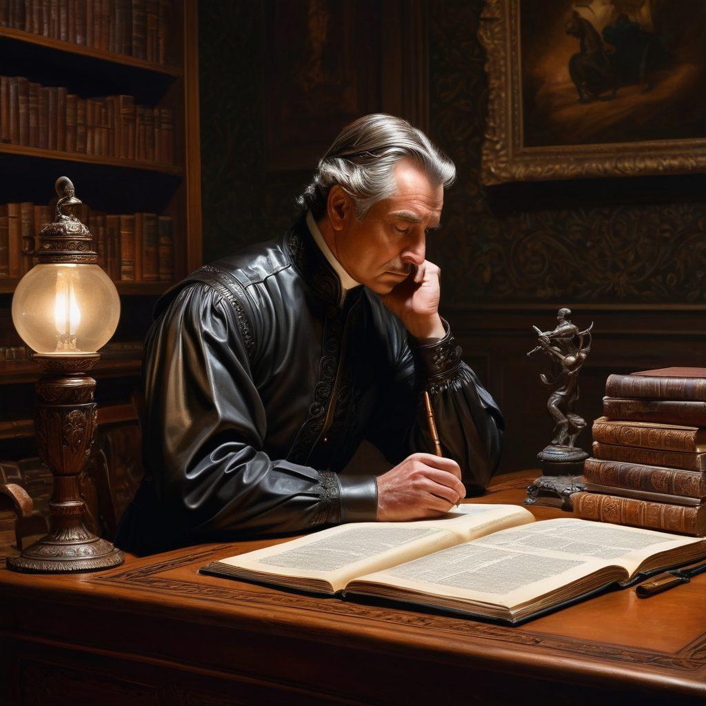 A thoughtful illustration depicting a historical figure in a dimly lit study, contemplating a leather whip on an ornate wooden desk. Surrounding the figure are books and scrolls symbolizing knowledge and discipline, while a shadowy figure in the background represents consequence. The atmosphere blends elements of seriousness and introspection. painting. moody lighting. intricate details.